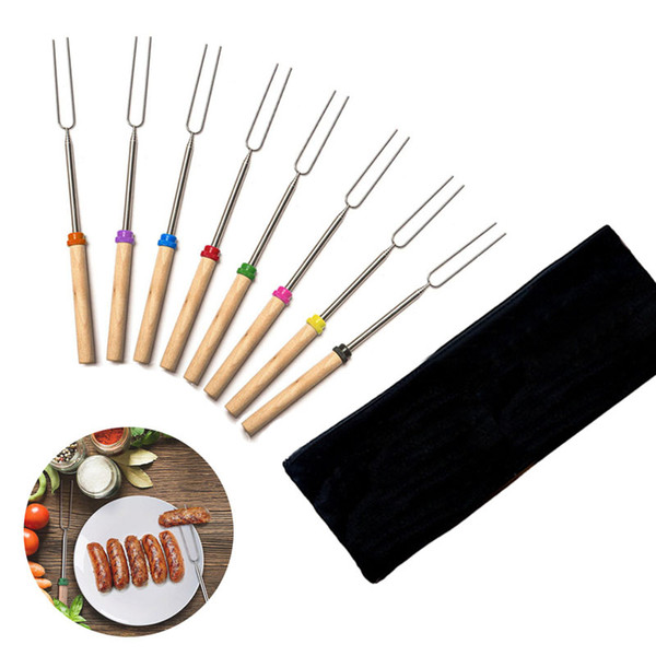 Barbecue Bonfire Camping Tools Bake Fork Forks Sticks Needle Spit TOO BBQ Roast Stainless Steel Fork Wooden Handle 8pcs/set