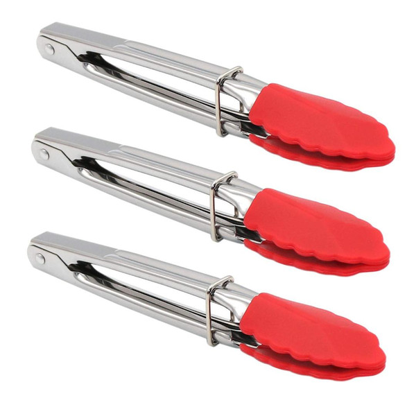 Small Tongs With Silicone Tips 7 Inch Kitchen Tongs - Set Of 3 - Perfect For Serving , Cooking, Salad, Grilling Red