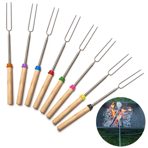 8pcs/lot BBQ Forks Camping Campfire Stainless Steel Campground Lunch Tools Wooden Handle Telescoping Barbecue Roasting Fork Sticks Skewers