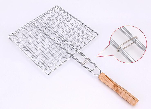 Summer Outdoor Barbecue Tools Grilled Fish Clip Roast Meat Hamburger Net Environment Barbecue Accessories with Wood Crank