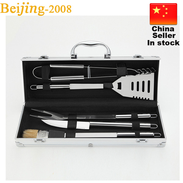 6pcs Stainless Steel BBQ Grill Tools Set Barbecue Accessories Utensils Kit spatula, fork, tongs, basting brush, knife,aluminum case 010236