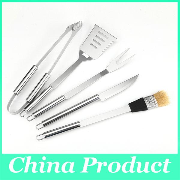 High Quality 5PCS BBQ Qccessories Stainless Steel Barbecue Tools Set Spatula Tongs And Fork Grill BBQ Grilling Tools Set 010236