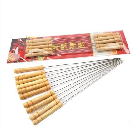 12Pcs/set Stainless Steel Metal BBQ Barbecue Skewer Grill Kebab Needles Stick Wooden Handle Kitchen Needle Outdoor