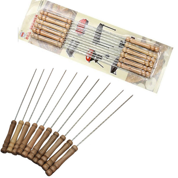 Skewers 10Pcs/Set Outdoor Kitchen Barbeque Skewers Needle Set with Wood Handle BBQ Kebab Stick Best Price