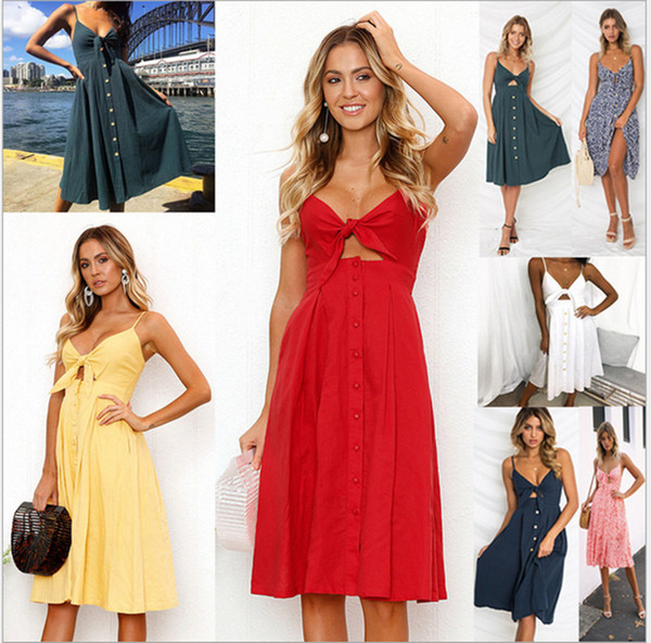 Women Sexy V-neck Bow Backless Polka Dot Print Summer Beach Dress 2018 Boho Cotton Buttons Off Shoulder Suspender Midi Dresses