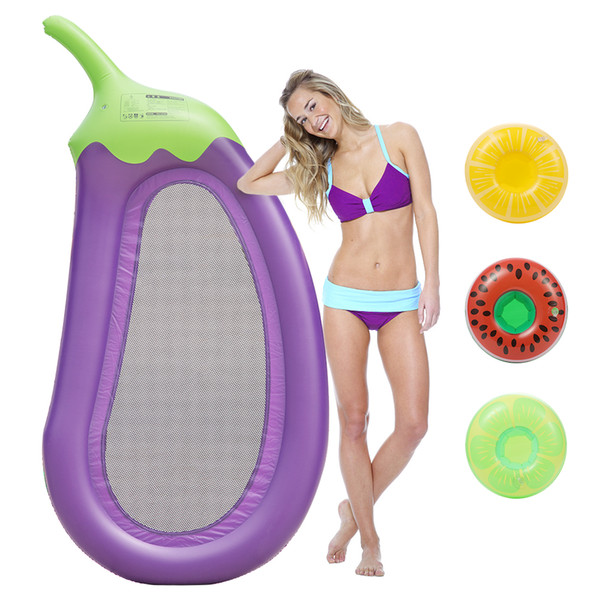 Outdoor Swimming Inflatable Lounge Float ,Giant Purple Eggplant Pool Floats Water Pool Raft with 3 Cup Holder