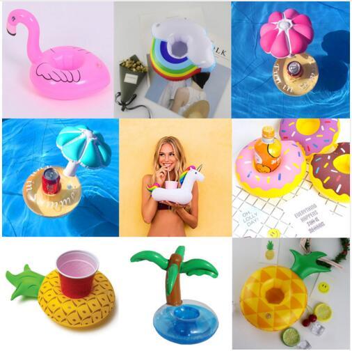 PVC Inflatable Drink Cup Holder Donut Flamingo Watermelon Pineapple Lemon Coconut Tree Shaped Floating Mat Floating Pool Toys