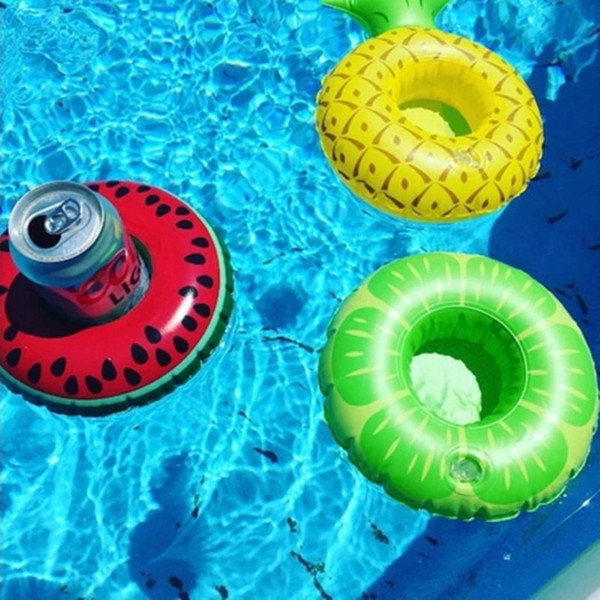 Inflatable Drink Cup Holder Donut Watermelon Pineapple Lemon Shaped Floating Mat Pool Toy Outdoor Swimming Kids PVC Toys Water Floating