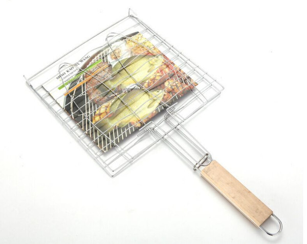 Summer Outdoor Barbecue Tools Grilled Fish Clip Roast Meat Hamburger Net Environment Barbecue Accessories with Wood Crank