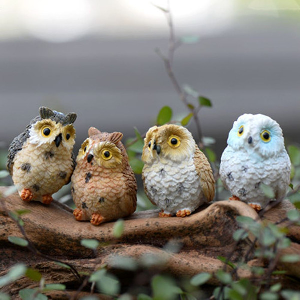 4pcs Cute Animal Resin Owls Miniatures Figurine Craft Bonsai Pots Home Fairy Garden Ornament Decoration Moss Terrarium Decor