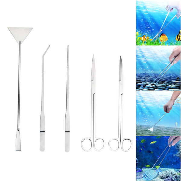 Stainless Steel Aquarium Aquascaping Kit Aquarium Tank Aquatic Plant Tools Sets Tweezers Scissor Spatula - 5 Tools