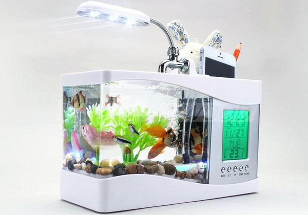 2015 Christmace Gifts !! Mini USB LCD Desktop Lamp Light Fish Tank Aquarium LED Clock White/Black FREE SHIPPING