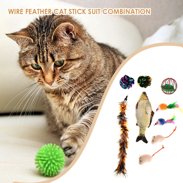 Hot-selling pet cat toy kit combination retractable feathers tease cat, stick, mouse and fish 11 kits