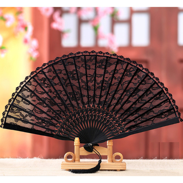 Chinese Style Black Decorative Fans Lace Fabric Silk Folding Hand Held Dance Fans Flower Party Wedding Prom D19010902