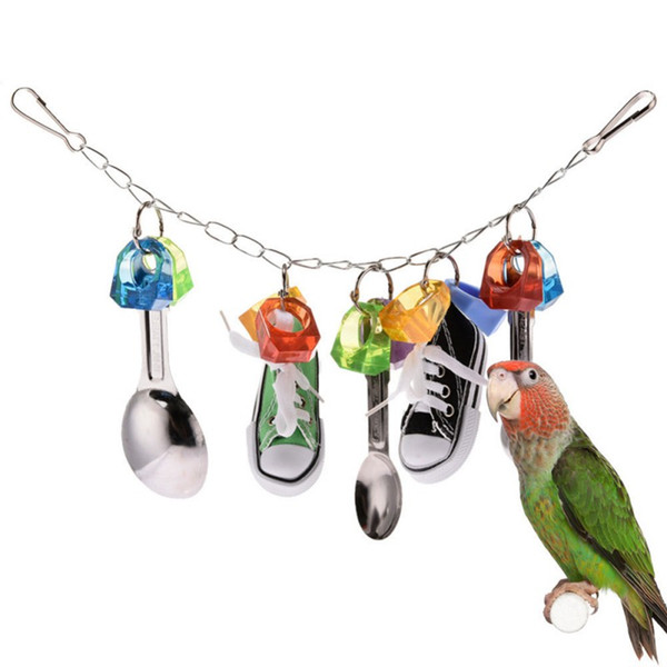 Handmade Bird Chew Toy For Parrots Hanging Stainless Steel Spoon Sports Small Shoes String Training Stress Relief Accessory