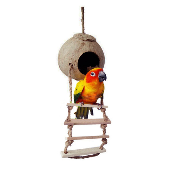 New Natural Wooden Parrot Toys Coconut Shell Wood Handmade Parrot House Matching Ladder Bird Toys For Parrot