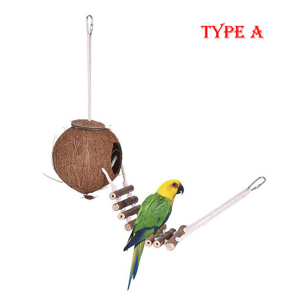 Natural Coconut Shell Bird Cage Nesting House Bird Feeder with Hanging Loop Hideaway with Ladder Parrot Toy