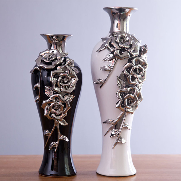 Ceramic vase modern and stylish home furnishings Decoration creative crafts silver-plated rose vase flower vase black and white