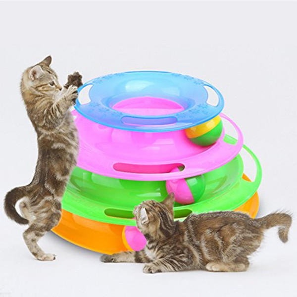 Funny Cats Toys Rainbow Three Tower With Bell Balls Disk Interactive Plate Intellectual Play Disc Turntable Toys For Cats