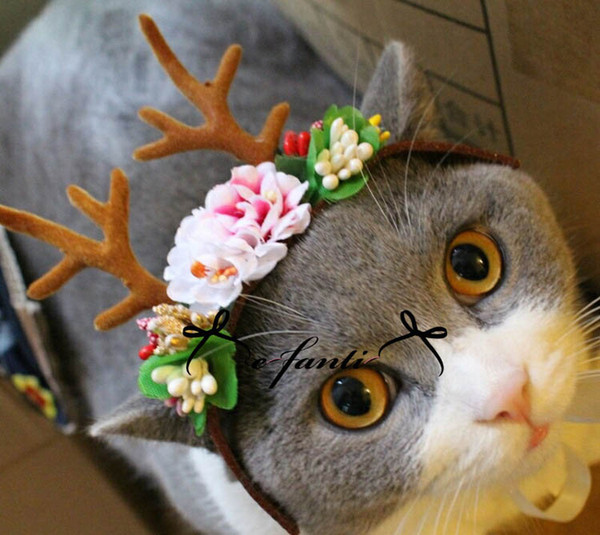 Hand Made Christmas Costume Pet Cat Doggy Antlers Cap Hat Pet Clothes X334
