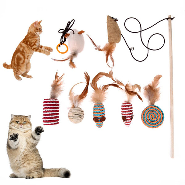 1pc Funny Cat Wand Stick + 7pcs Replaceable Feathers Cat Toy Gift Set Catcher Teaser Toy For Pet Kitten Jumping Train Aid Fun