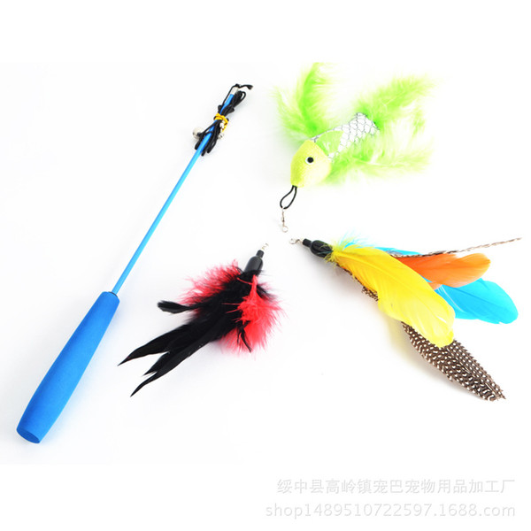 Factory Direct Sale Pet Product Pet Toys Cat Toys With Feather Three Telescopic Tease With Three Teat Fools Replace The Head
