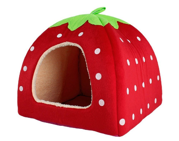 Lovely Strawberry Soft Cashmere Warm Pet Nest Dog Cat Bed Fold-able Houses for Pets Red