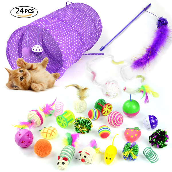 Cat Toy 24Pcs/Set Pet Kit Collapsible Tunnel Cat toy Fun Bell Feather Mice Shape Pet Kitten Dog Interactive Play Supplies