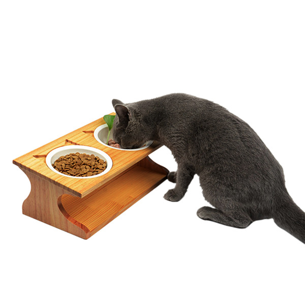Wholesale Pet Cat Dining Table Bamboo Type Ceramic Double Pet Bowls Small Puppy Dogs Cats Water Feeder Container