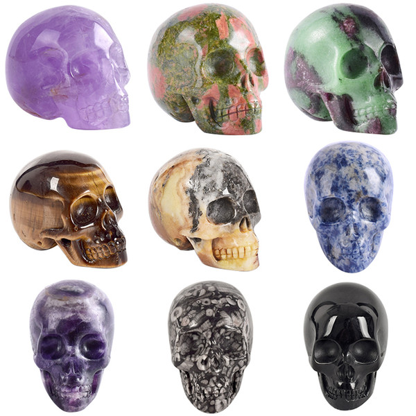 2 Inch Handmade Natural Stone Skull Figurine Crystal Carved Statue Realistic Feng Shui Healing Home Ornament Art Collectible Q190426