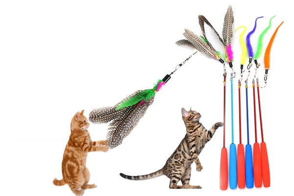 Colorful Feather Design Tease Cat Stick Cat Catcher Teaser Toy Three short scaling Exerciser For Cat and Kitte Color Assorted