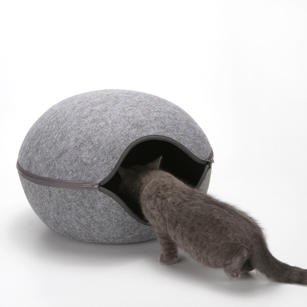 Egg Shape Dog Cat Bed Cat Sleeping Bag Zipper Felt Cloth Winter Warm Pet House All Around Nest With Detachable Cushion Mat