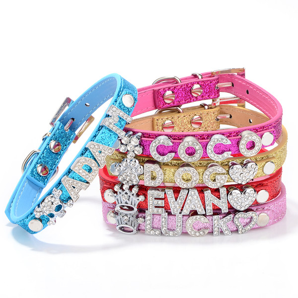 20PCS/lot 5Colors PU Leather Sparkly Pet Cat Dog Collar With Slide Bar Fit for 10mm diy slide letter & slide charm