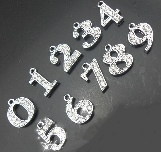 Wholesale 100pcs/lot 0-9 rhinestone number hang charm DIY pendant accessories