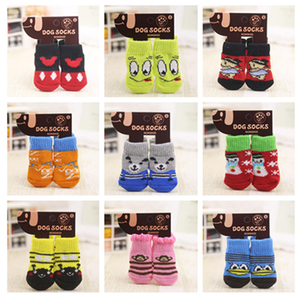 Dogs Apparel pet dog cat socks for winter Cute Puppy Dogs Soft Cotton Anti-slip Knit Weave Dog cat Socks Clothes 4pcs/set a832