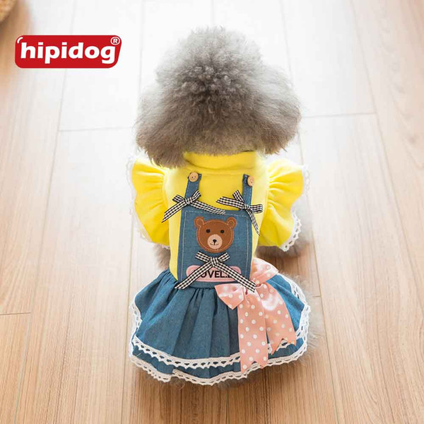 Hipidog Cute Yellow Coat Jeans Dress Warm Cotton Winter Clothes with Bowknot Design Bear Pattern for Puppy Chihuahua Poodle