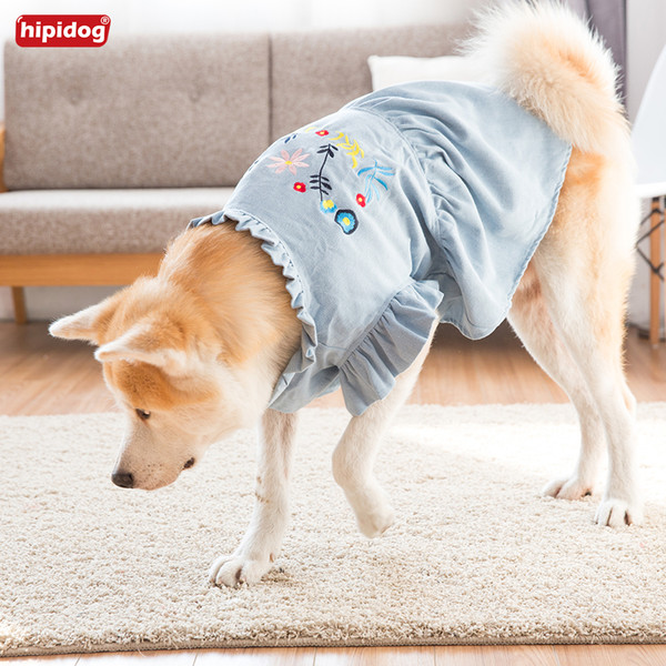 Hipidog New Embroidery Fashion Clothes Dog Jeans Denim Dress Pet Flower Sleeves Coat Apparel Costume for Akita Large Dogs