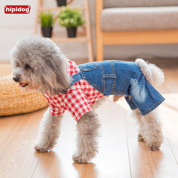 Hipidog New Design Pet Dog Cat Fashion Jumpsuit Spring Summer Rompers Plaid T-Shirt Jeans Strap Pants For Small Dog Chihuahua