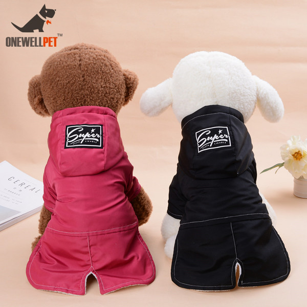 Two Color Optional Onewellpet Brand Plush Polyester Coat With Hat And Letter Patterns For Teddy And Other Small Pet Dogs