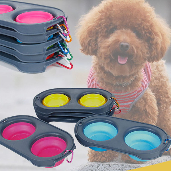 Collapsible Feeding Pet Food Bowls Silicone Cat Double Feeder Bowl Travel Eco Friendly Cat Foldable Dog Supplies with Carabiner WX9-1332