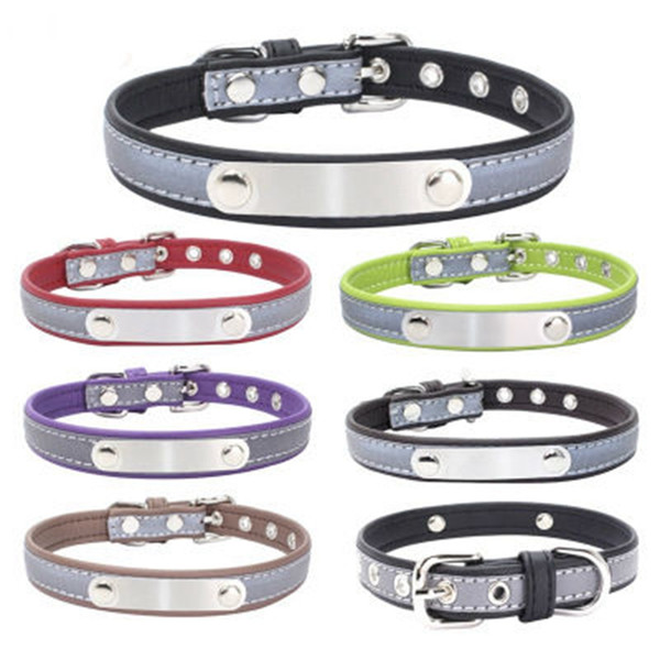 Personalized Stainless Steel Sheet Reflective Dog ID plate dog collar PU Leather Adjustable Pet Collars free engraving pet dog cat collar
