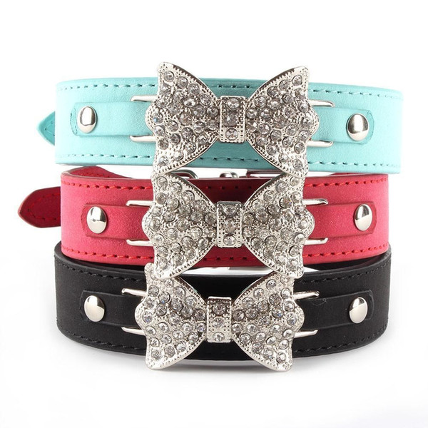 Wholesale-best price for Dog Collar Bling Crystal Bow Leather Pet Collar Puppy Choker Cat Necklace XS S M