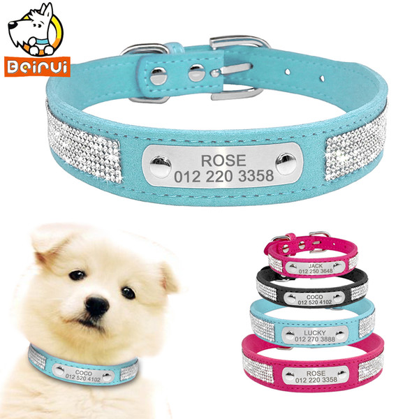 Suede Leather Dog Collar Rhinestone Dogs Cat Personalized ID Collars Customized For Small Medium Pet Puppy Hot Pink Blue Black