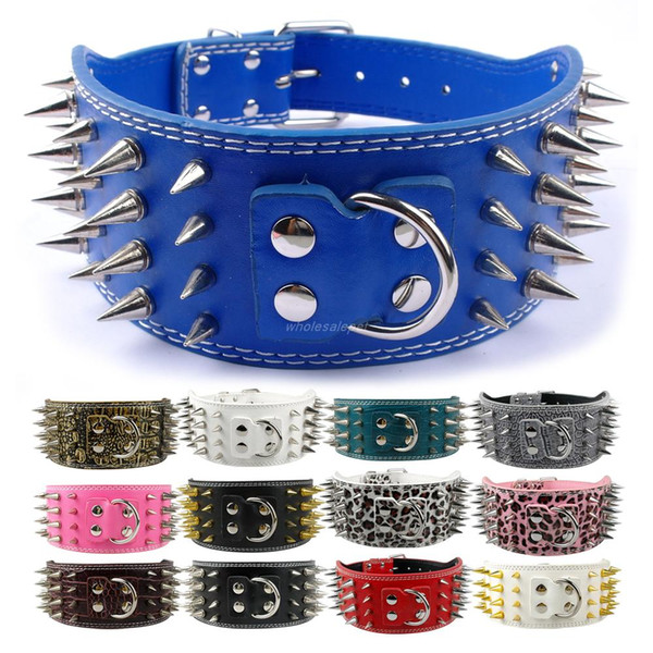 Wholesale-3 inch Wide Spikes Leather Pet Dog Collar for Large Breeds Pitbull Doberman M L XL