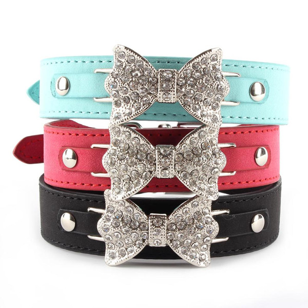 Factory Price! Dog Collar Bling Crystal Bow Leather Pet Collar Puppy Choker Necklace XS S M