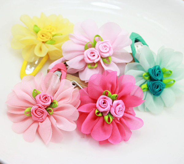 2018 Pet Cats Grooming Accessories Clips Dogs Chiffon Puff Flower BB clip Rose Flower Core Hair Clip 50pcs/lot