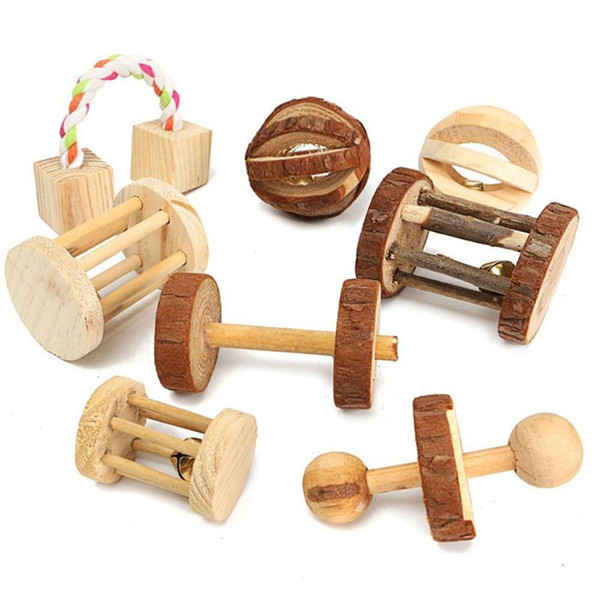 Small Pet Toys Pine Dumbells Unicycle Bell Roller Chew Toys for Guinea Pigs Rat Rabbits Pet Molars Supplies Cute Natural Wooden 3pcs Random