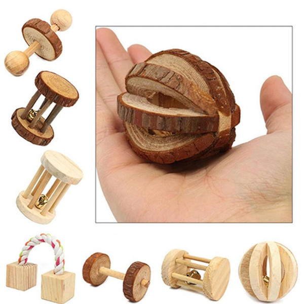 8pcs/set Natural Wooden Small Pet Toys Set Pine Dumbells Unicycle Bell Roller Chew Toys for Guinea Pigs Rat Rabbits Pet Molars Supplies