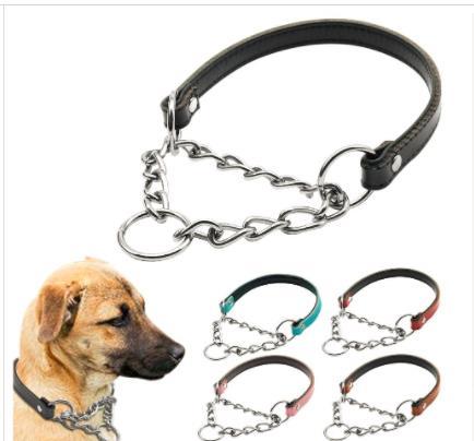 Free Shipping 5 Colors Martingale Dog Collar Half Choke Chain Leather Dogs Training Collar Soft Inner Padded For Medium Big Pet
