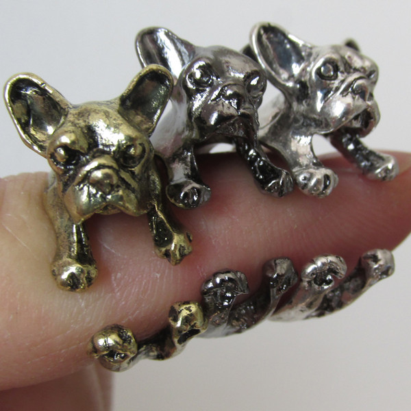 100pcs/lot Retro Bulldog design Pet Dog Finger Rings free size dog rings 3 colors available